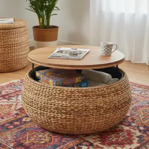 Multifunctional ottoman with hidden storage, serving as a footrest, extra seating, and discreet storage for small living rooms.