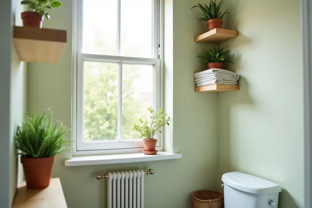 A view of a small, cozy bathroom with floating shelves and plants, showcasing low-budget and space-saving remodel ideas.