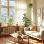 An expertly arranged cozy small living room layout with a single sofa, a vintage coffee table, and a room divider to maximize the space.
