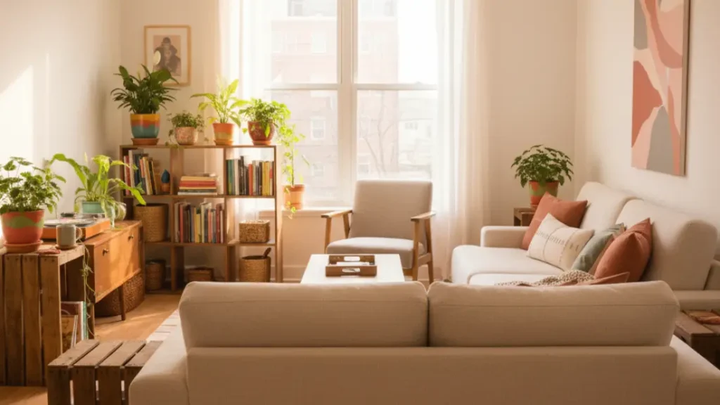 A functional small living room furniture arrangement with an L-shaped sofa and a side armchair, creating a cozy and efficient flow in a compact space.