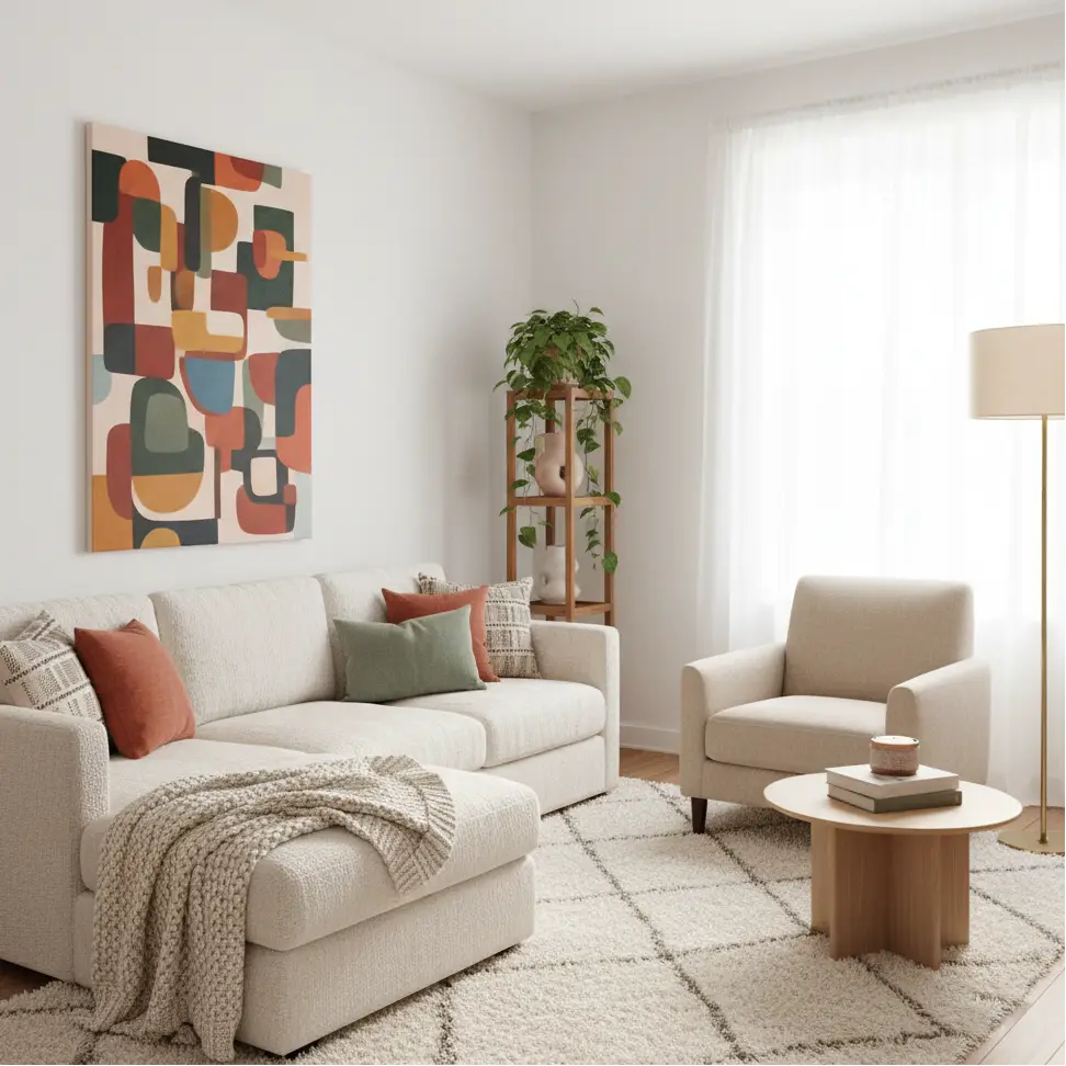 A living room layout for small spaces using light colors for spaciousness, complemented by a large vibrant abstract painting, textured fabrics, and intentional decor for a calm yet lively feel.