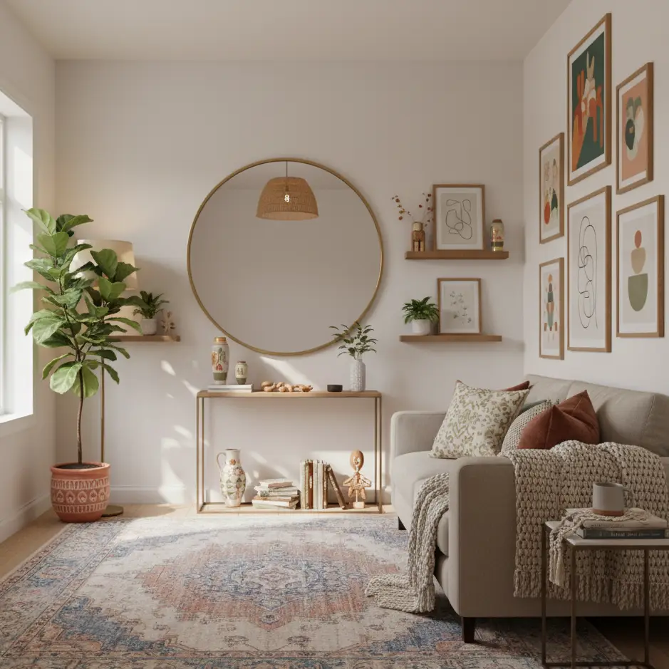 A living room layout for small spaces featuring a large round mirror for visual expansion, vibrant art, lush plants, and warm textures, creating a cozy and spacious InnerGlow sanctuary.