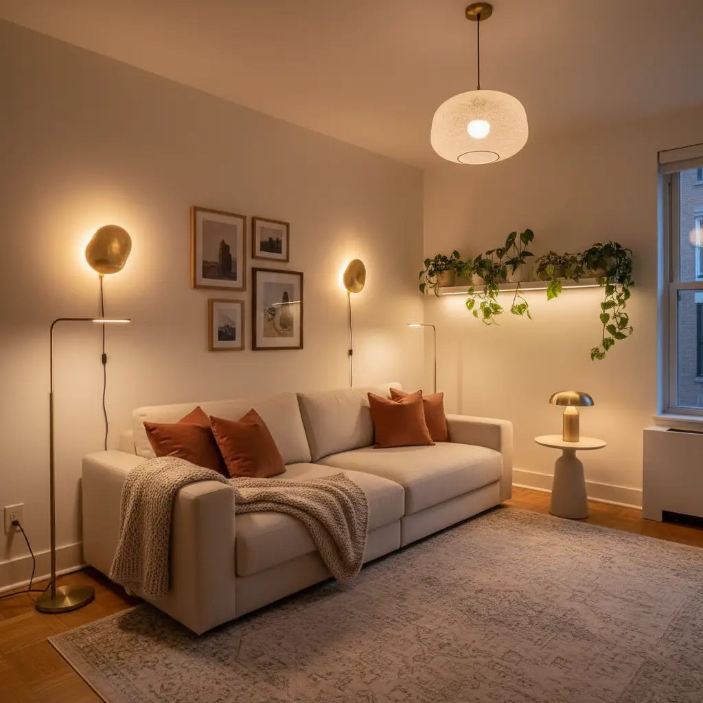 A living room layout for small spaces emphasizing strategic, layered lighting with slim floor lamps and wall sconces to create ambiance and save space, in InnerGlow style.