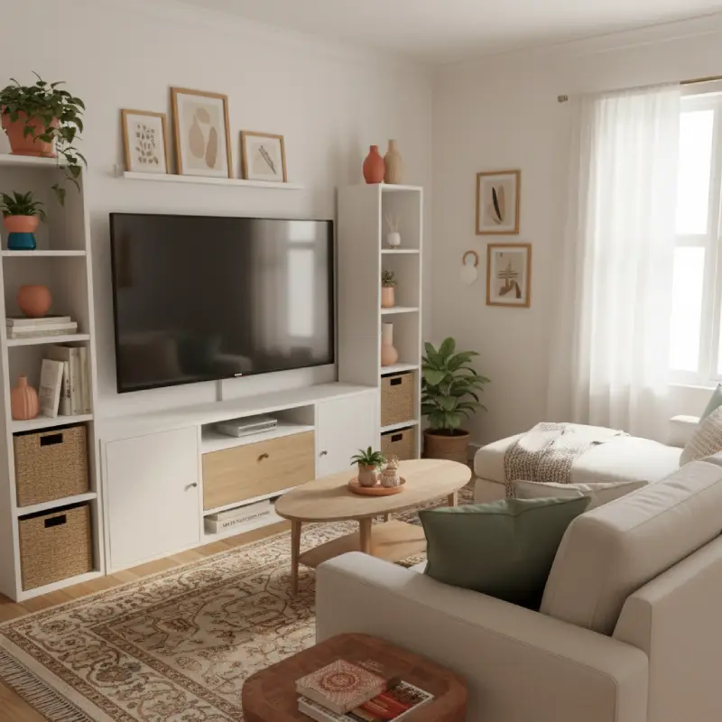 An ingenious small living room layout with TV showcasing a wall-mounted screen integrated with modular shelving (KALLAX style), hidden storage, and minimalist decor for a tidy and functional space.