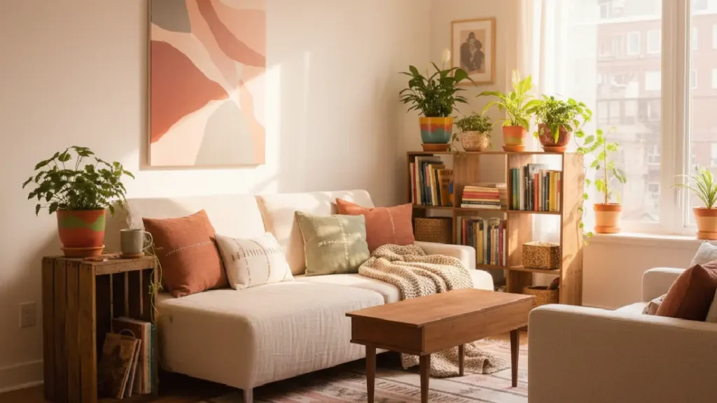 An ingenious small living room furniture arrangement in a U-shape, featuring an armchair facing the window and a two-seater sofa, optimizing a compact space for conversation.