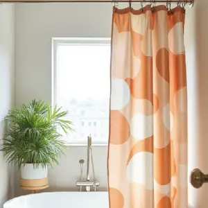 A modern shower curtain with a bold, abstract pattern hanging from a curved shower rod, showing a stylish and impactful bathroom upgrade.