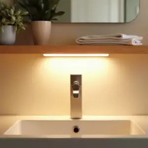 A close-up of a sleek, battery-operated LED light strip installed under a floating shelf, casting a warm glow on the counter below.