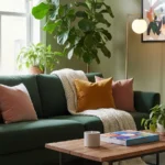 High quality, cheap sofa with Scandinavian design, styled with vibrant pillows and a modern rug in a bright, organized living room.