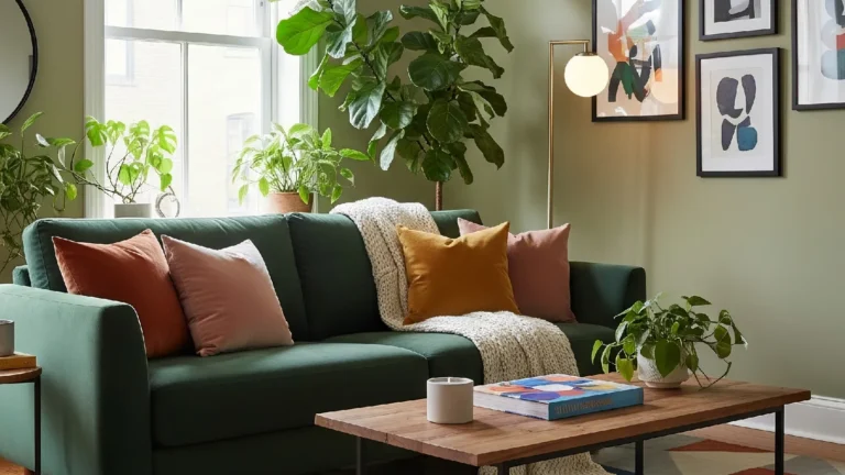 High quality, cheap sofa with Scandinavian design, styled with vibrant pillows and a modern rug in a bright, organized living room.