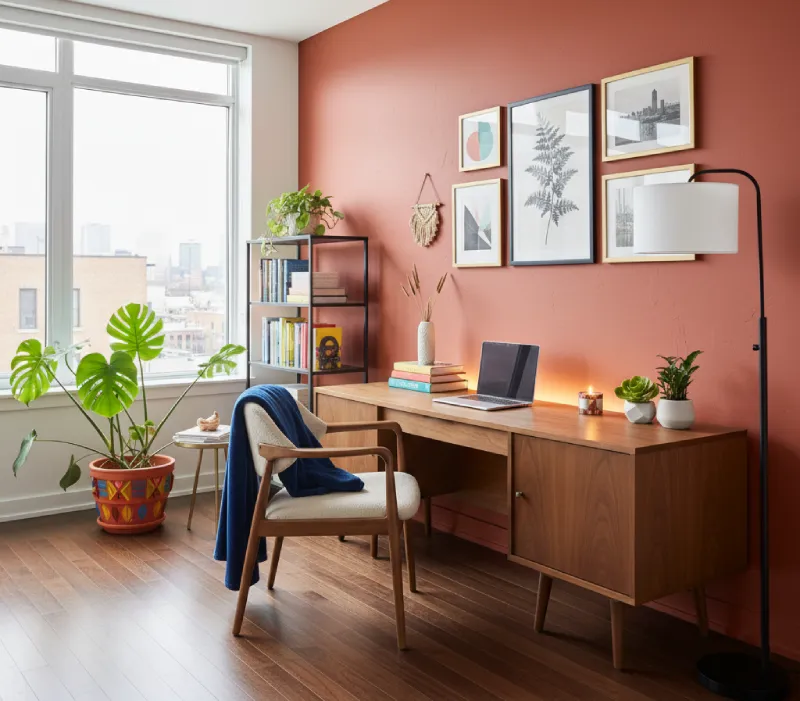 Transformed home office corner showcasing the "after" effect of visual magic: featuring a rich terracotta accent wall, warm layered lighting, and highly curated artistic objects. This illustrates how "Less is More" and intentional lighting elevate affordable furniture to look high-end.