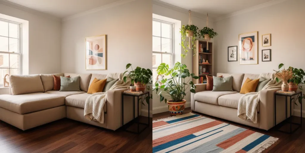Before/After: Living room showing common furniture buying mistakes (oversized sofa) vs. smart, bohemian-chic styling with a perfectly scaled sofa, plants, and curated art.