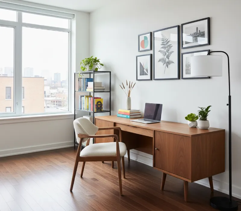 Home office corner showcasing the "before" state: a functional but uncurated space. This image represents the lack of intentional styling before applying visual magic tricks.