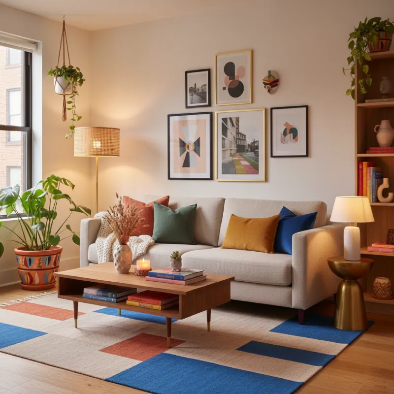 Vibrant, bohemian-chic living space illustrating how to infuse soul without a budget. The room features personalized art, abundant indoor plants, and highly curated objects, achieving a sophisticated 'Art with a Story' look.