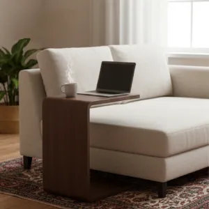Practical "C" side table sliding over a sofa, perfect for holding a laptop or drink, a smart space-saving furniture piece for compact living.