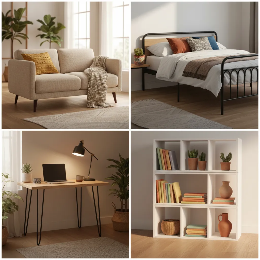 Four-part collage of affordable furniture highlights: sofa, bed, desk, and outdoor set with artistic effect.