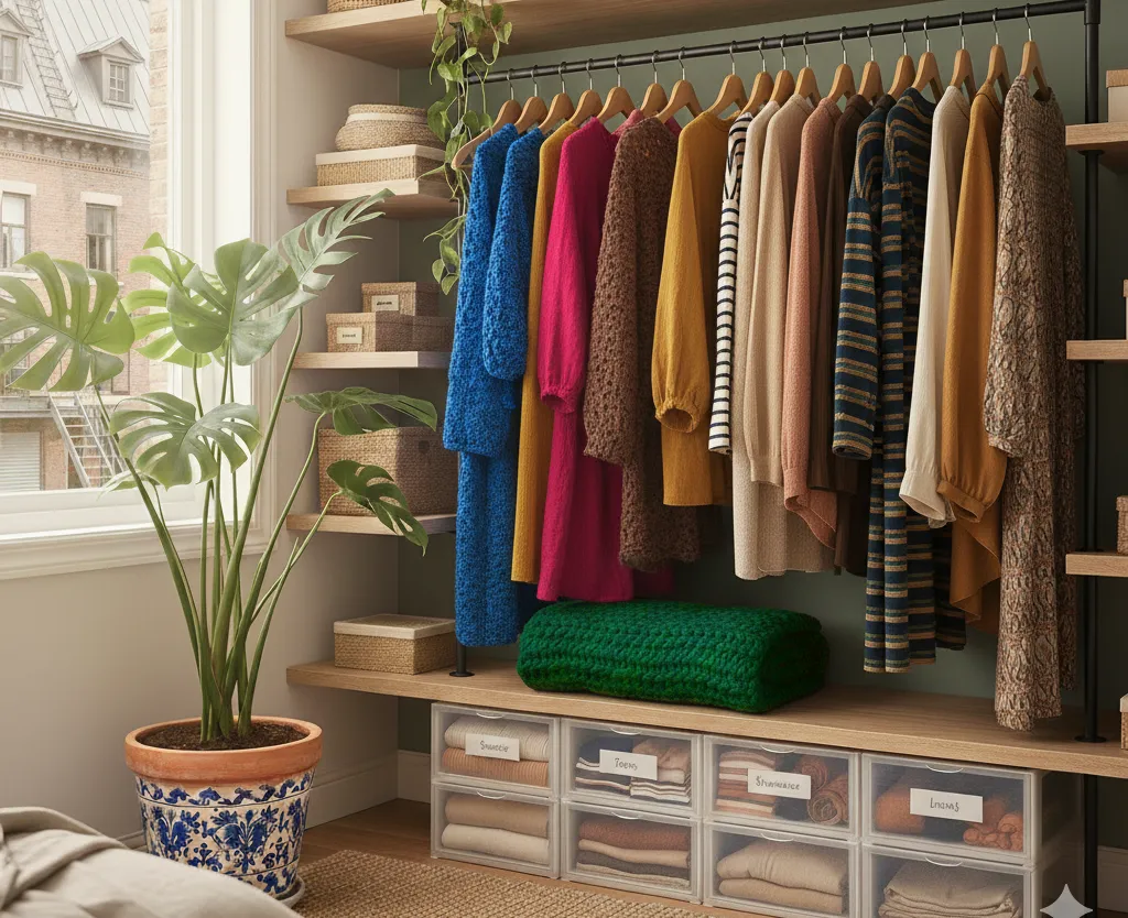 Organized open closet in a cozy apartment, featuring colorful and textured clothes, clear storage bins, a cozy green blanket, and a large Monstera plant.