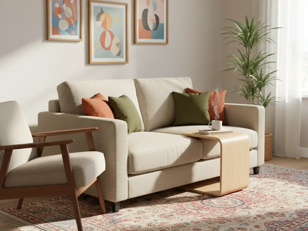 A cozy small living room featuring compact furniture, including a two-seater sofa and an armchair with thin arms, optimizing space with smart seating solutions.