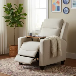 A sleek compact recliner armchair with a slim profile, offering comfortable relaxation without sacrificing valuable space in a small living room.