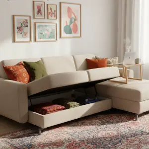 A stylish compact sofa bed with integrated storage, showcasing a hidden compartment, ideal for space-saving and guest accommodation in small living rooms.