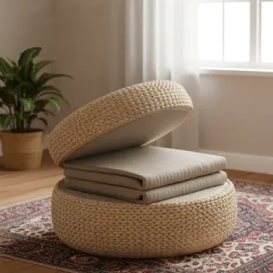 Woven convertible ottoman transforming into a single mattress, providing an ultimate space-saving solution for unexpected guests in small apartments.