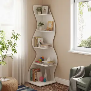 Stylish curved corner bookshelf, optimizing unused space with an artistic wave design, perfect for a space saving bookshelf solution in small living rooms.
