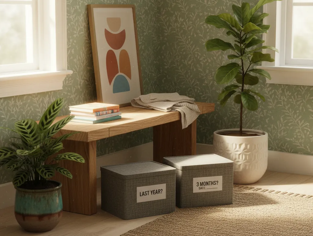Organized home office corner with labeled boxes for item categorization and the 'Last Year' decluttering rule.