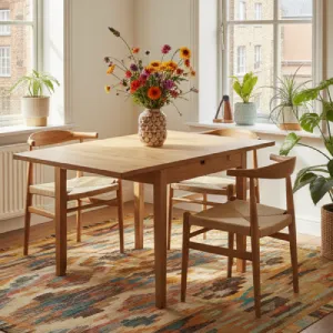 Extendable light wood dining table partially open in a bright small apartment, featuring minimalist chairs, fresh flowers, and a modern rug.