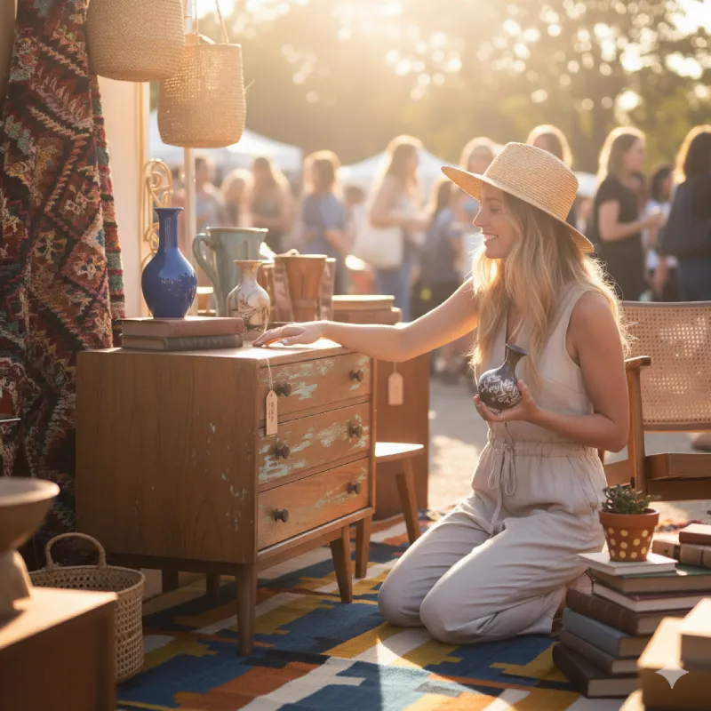 Stylish woman finding a quality vintage furniture piece on a modern colorful rug at a chic flea market.