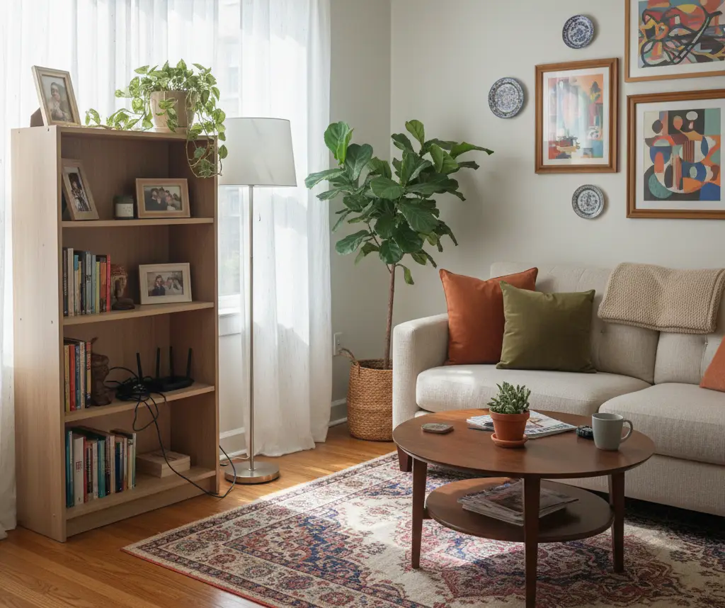 A small living room before transformation, showing a generic, uninspired bookshelf that lacks the personalized style and "InnerGlow" desired for a small space.