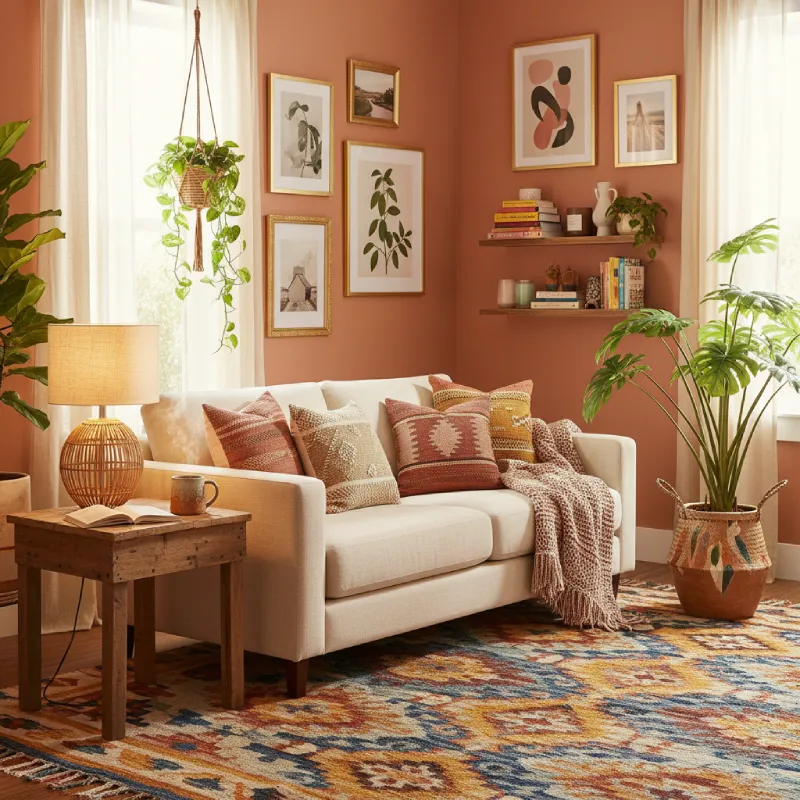 Modern beige sofa with textured cushions and throw blanket, terracotta wall with art gallery, colorful bohemian rug, rattan lamp, and houseplants. Demonstrates how good quality cheap furniture creates a stylish InnerGlow home with durability.