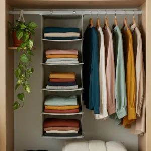 hanging closet organizer colorful clothes