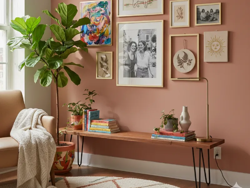Elevating affordable furniture with a personal art gallery and large indoor plant.