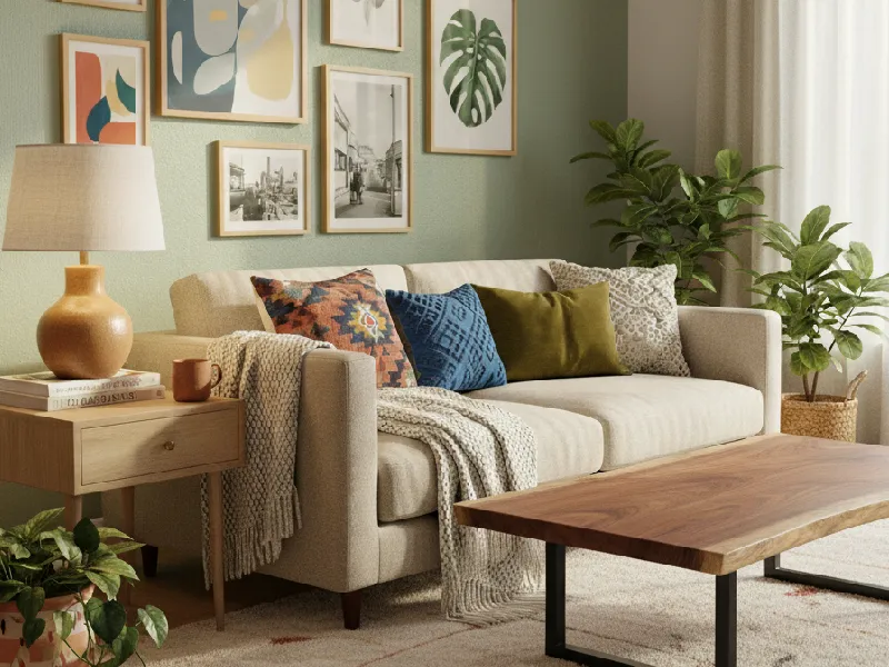 Elevating an affordable sofa with thoughtful decor: textured cushions, woven throw, and a rattan designer lamp.