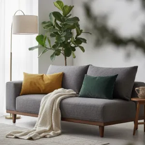 Quality gray sofa with wooden frame and textured cushions, representing a smart investment for living room durability.