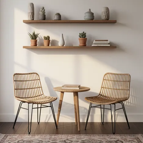Affordable rattan chairs and side table, showing flexible furniture pieces for style versatility.