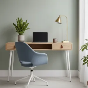 Modern, ergonomic wooden desk with office chair, illustrating a wise investment for productivity and well-being.