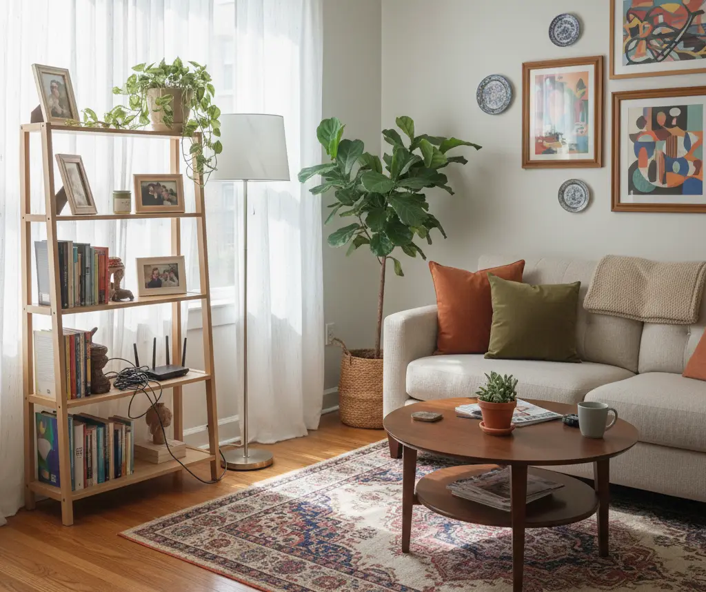 Transformed small living room featuring a stylish ladder-style space saving bookcase, showcasing enhanced personality, verticality, and "InnerGlow" for functional small spaces.