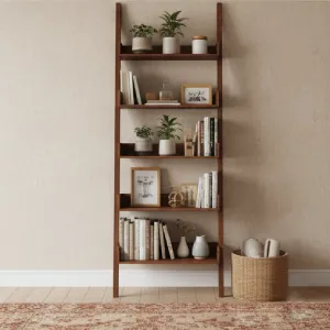 Elegant ladder-style wall shelf with books and decor, utilizing vertical space for a modern, lightweight storage solution in small homes.