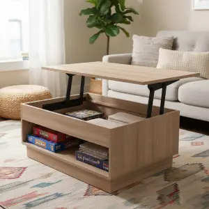 Modern lift-top coffee table with ample interior storage, ideal for small living rooms needing versatile and space saving furniture.