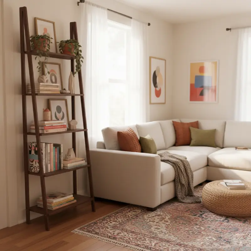 Stylish slim vertical bookshelf in a cozy small living room, showcasing effective space-saving bookcase design with curated decor.