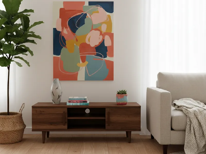 Minimalist living room with character, featuring uncluttered surfaces, natural textures, and large house plants.