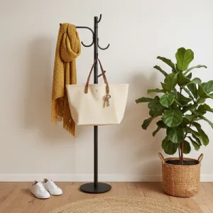Minimalist tall standing coat rack in a small entryway, holding a soft mustard wool scarf, a canvas tote bag, and keys, next to a natural jute rug.
