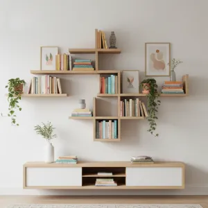 Modern modular floating bookshelf displaying books and plants, creating visual impact and space-saving storage for small rooms.