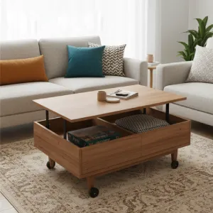 Multifunctional coffee table with wheels and storage, featuring a lift-top, ideal for flexible use and discreet organization in small living areas.