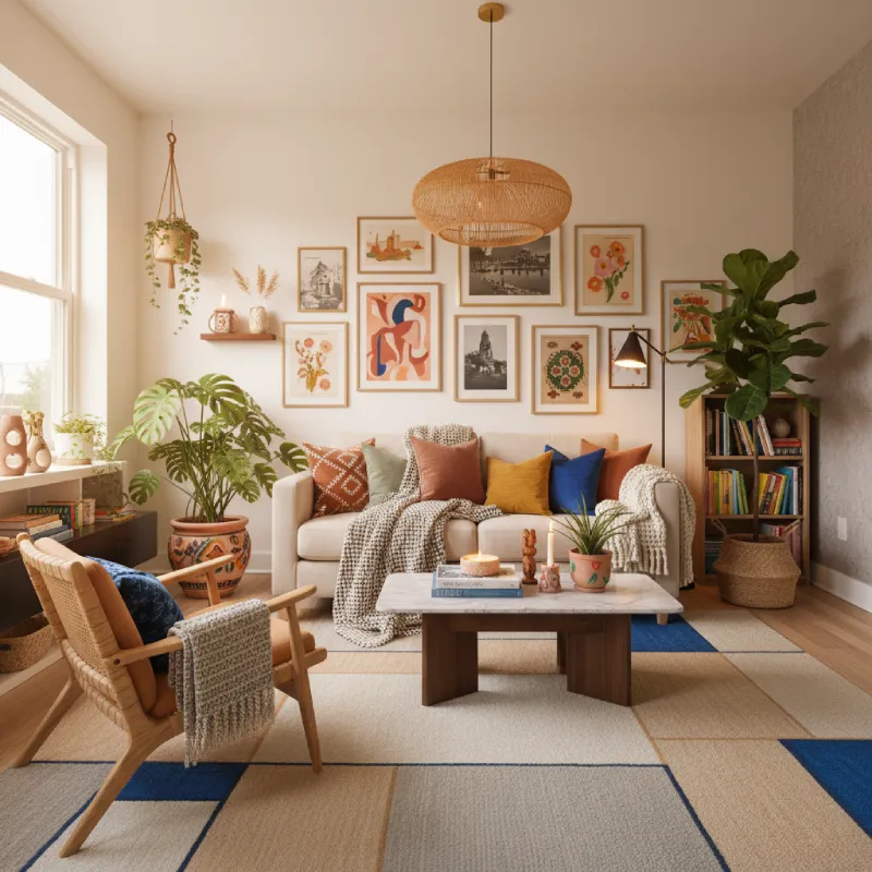 Transformed living room showcasing the "after" effect of applying a neutral color palette as a base and maximizing natural textures. Demonstrates elevating affordable furniture through strategic design. After