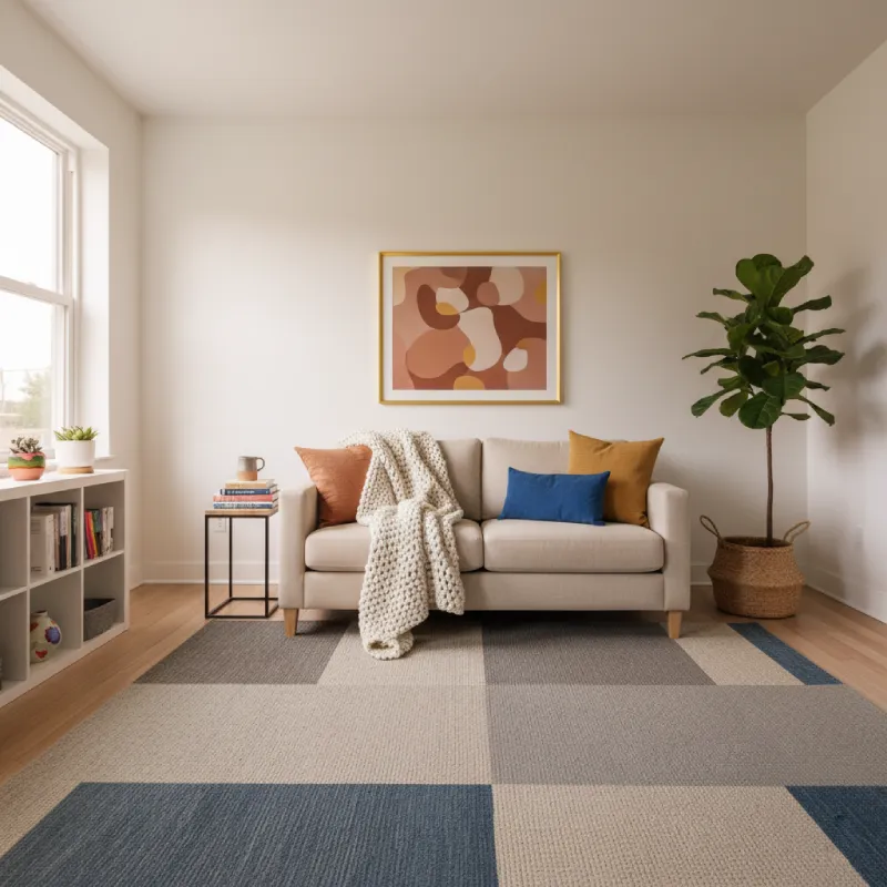 Transformed living room showcasing the "after" effect of applying a neutral color palette as a base and maximizing natural textures. Demonstrates elevating affordable furniture through strategic design. Before