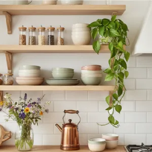 Open wooden kitchen shelves in a bright, organized apartment, displaying minimalist ceramic mugs, spices jars, and an indoor hanging plant.