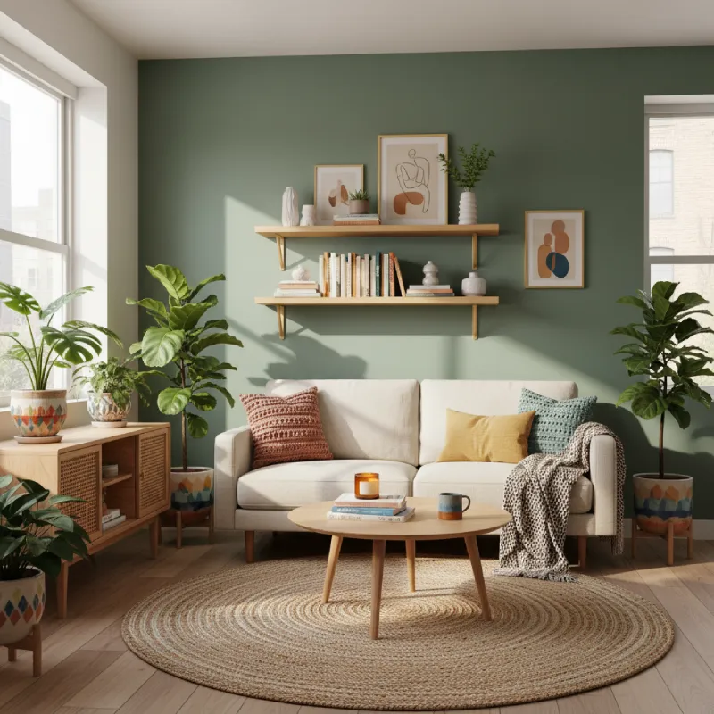 Beautifully organized small apartment living room with stylish, functional decor and abundant natural light.