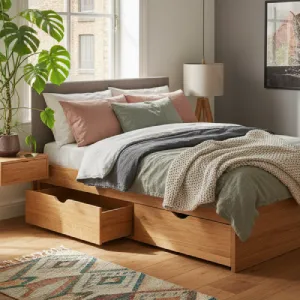 Modern platform bed with integrated storage drawers underneath, dressed with soft textured linen bedding, and framed by vibrant green indoor plants.