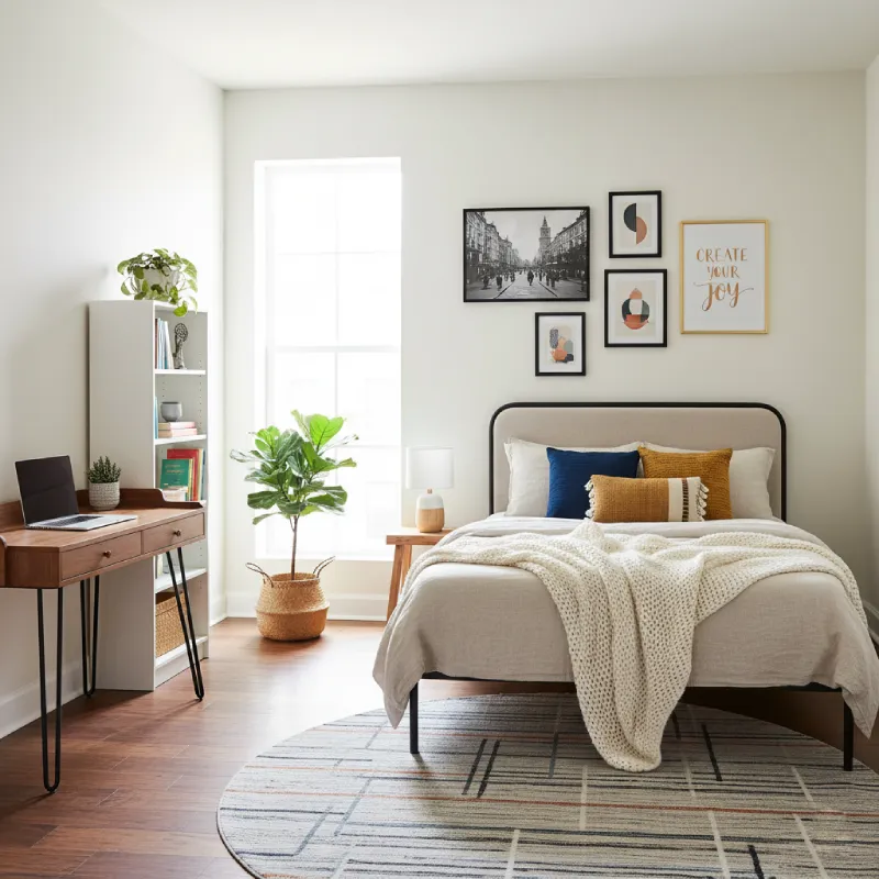 Modern, luminous bedroom featuring quality affordable furniture, contemporary art gallery, and a stylish rug.